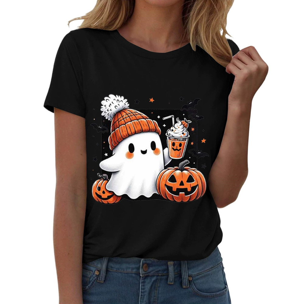 ZARA Halloween Womens Ghost Digital Print Cotton Round Neck Batwing Casual Tee
